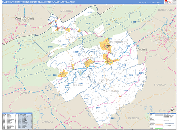 Blacksburg-Christiansburg-Radford Metro Area Wall Map